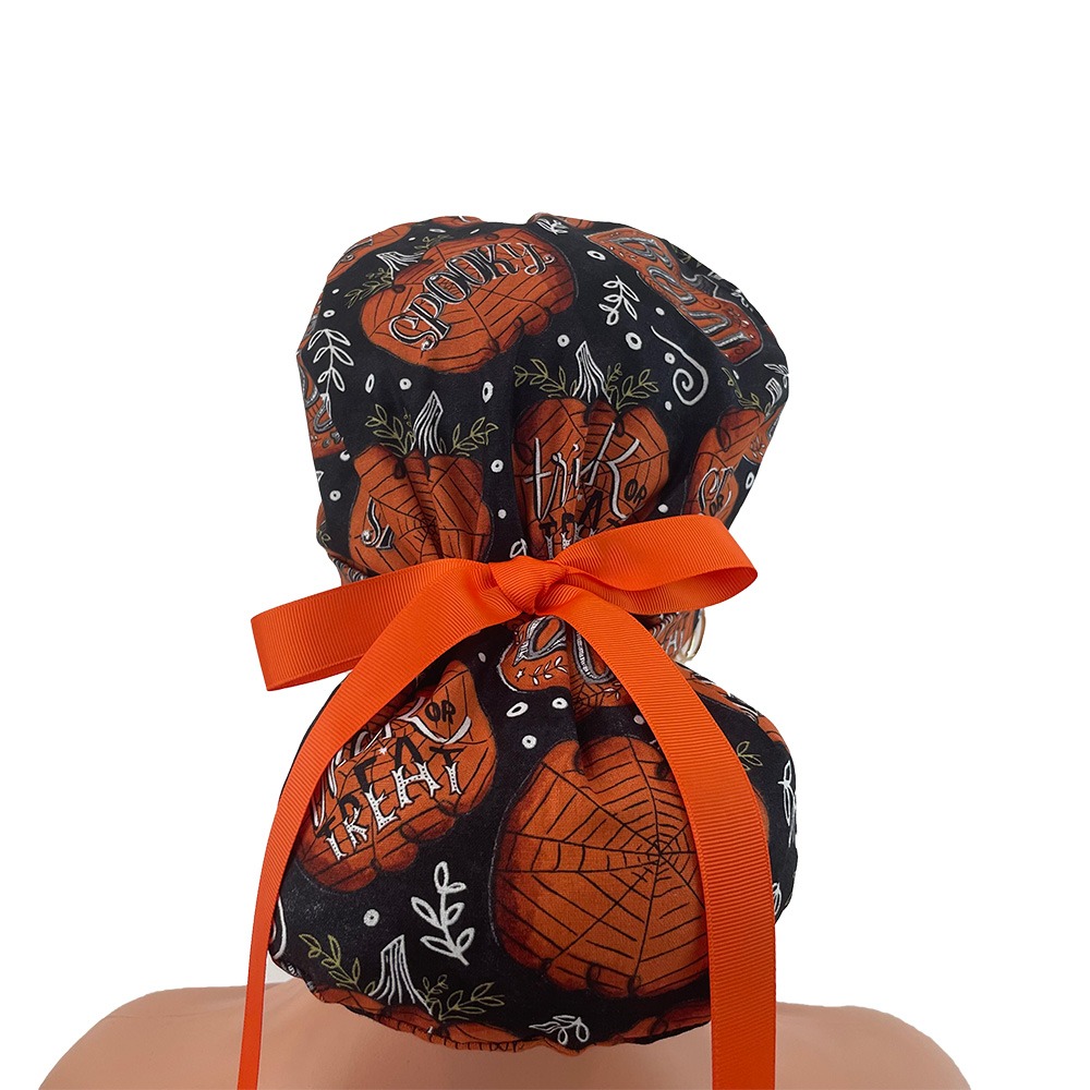 Turn Up Ponytail Medical Scrub Cap - Booing Pumpkins - Image 6