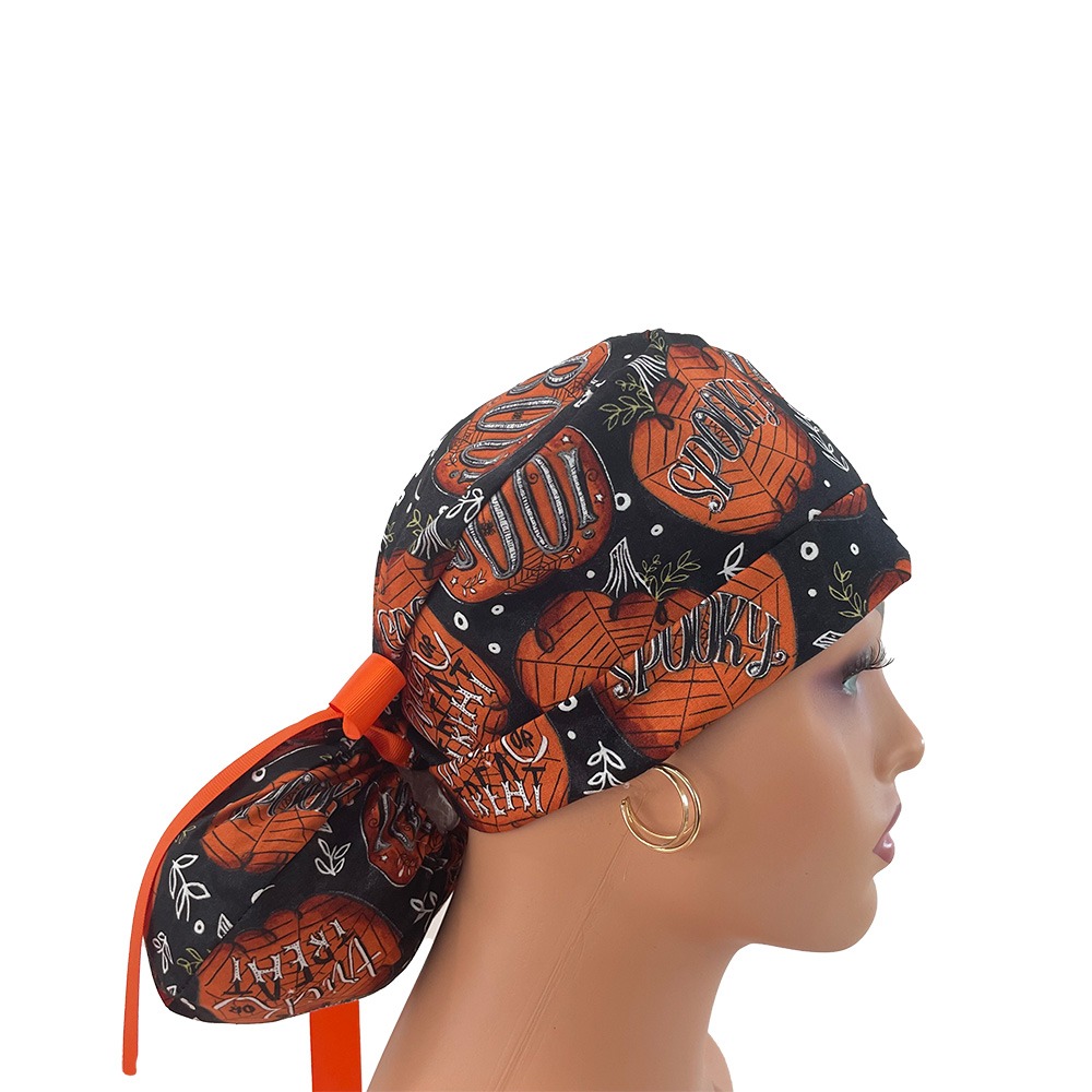 Turn Up Ponytail Medical Scrub Cap - Booing Pumpkins - Image 8