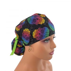 Ponytail Medical Scrub Cap - Rainbow Skulls