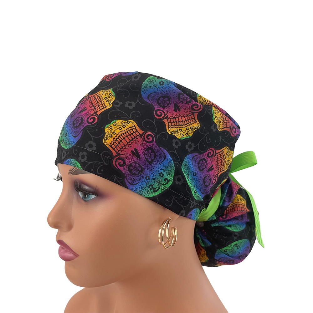 Ponytail Medical Scrub Cap - Rainbow Skulls - Image 3