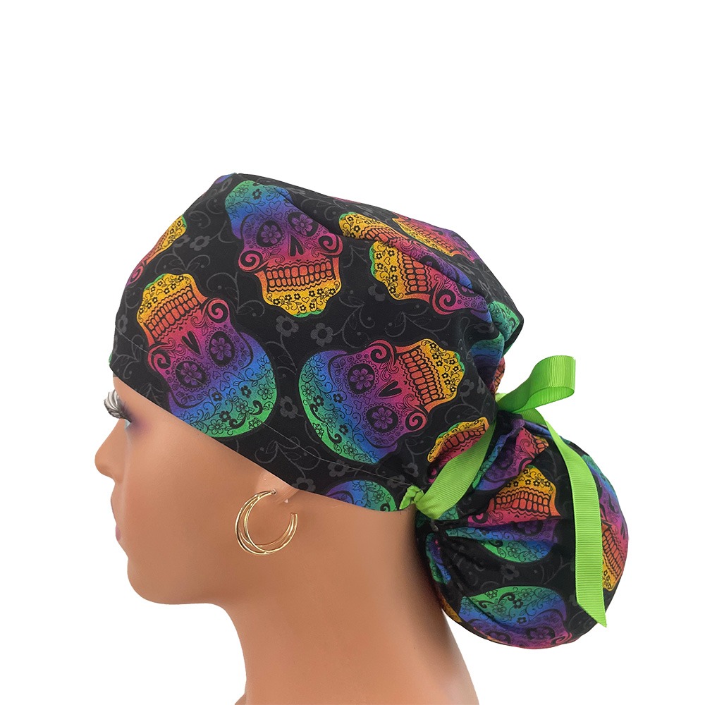 Ponytail Medical Scrub Cap - Rainbow Skulls - Image 4