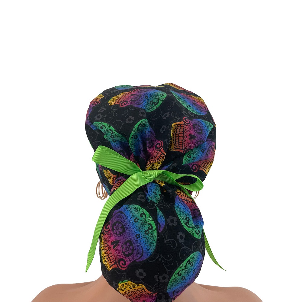Ponytail Medical Scrub Cap - Rainbow Skulls - Image 6