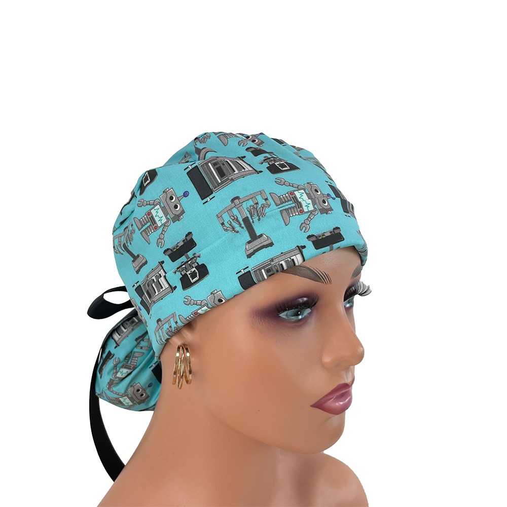 Turn Up Ponytail Medical Scrub Cap - Surgery Robots – Aqua
