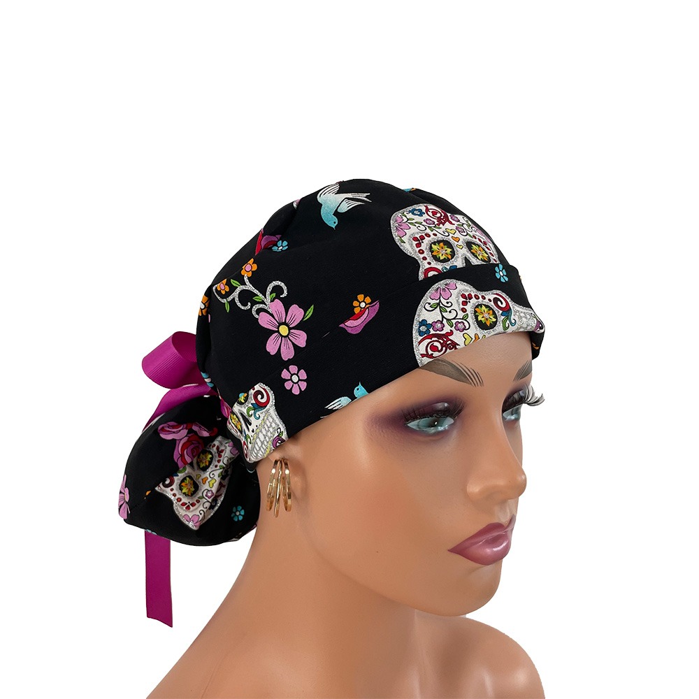 Turn Up Ponytail Medical Scrub Cap - Day of the Dead - Sugar Skulls & Flowers - Black/Glitter