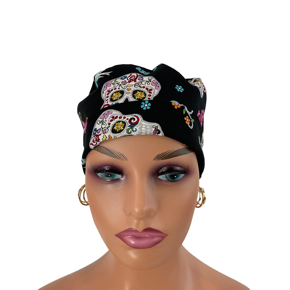 Turn Up Ponytail Medical Scrub Cap - Day of the Dead - Sugar Skulls & Flowers - Black/Glitter - Image 2