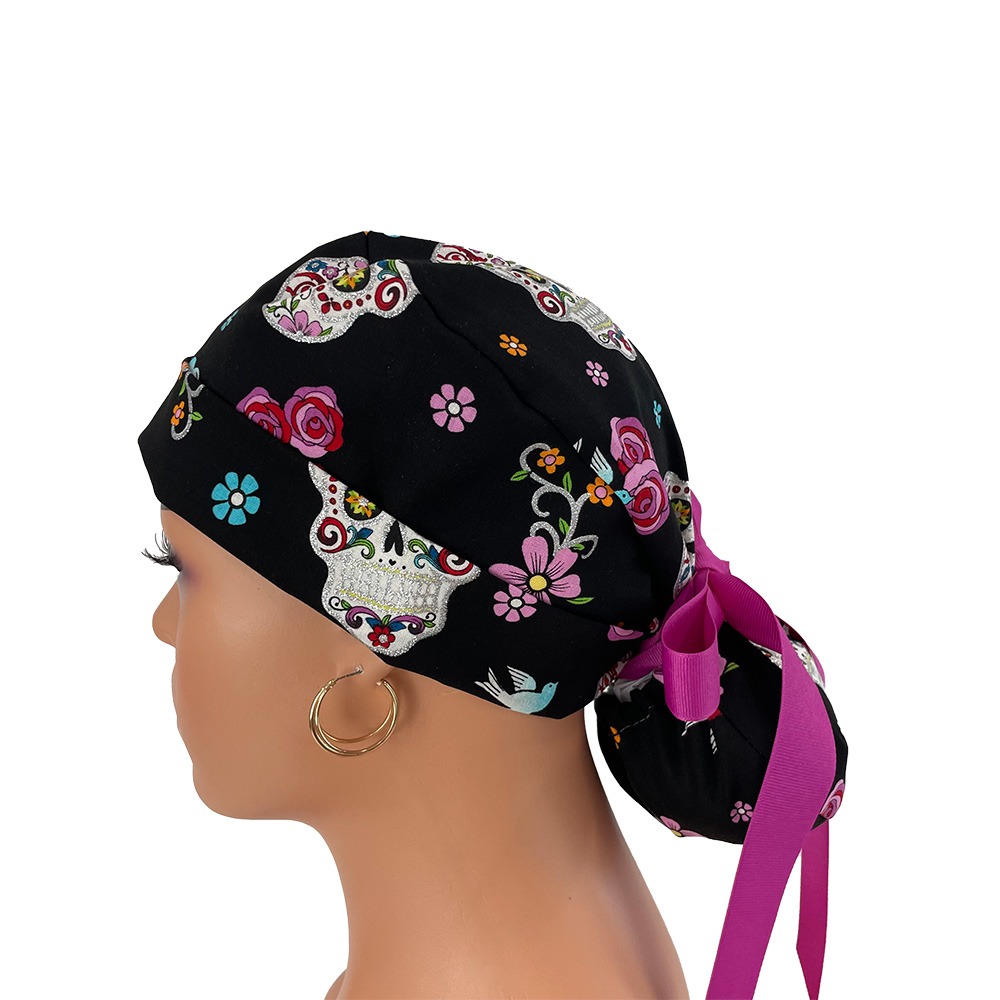 Turn Up Ponytail Medical Scrub Cap - Day of the Dead - Sugar Skulls & Flowers - Black/Glitter - Image 4