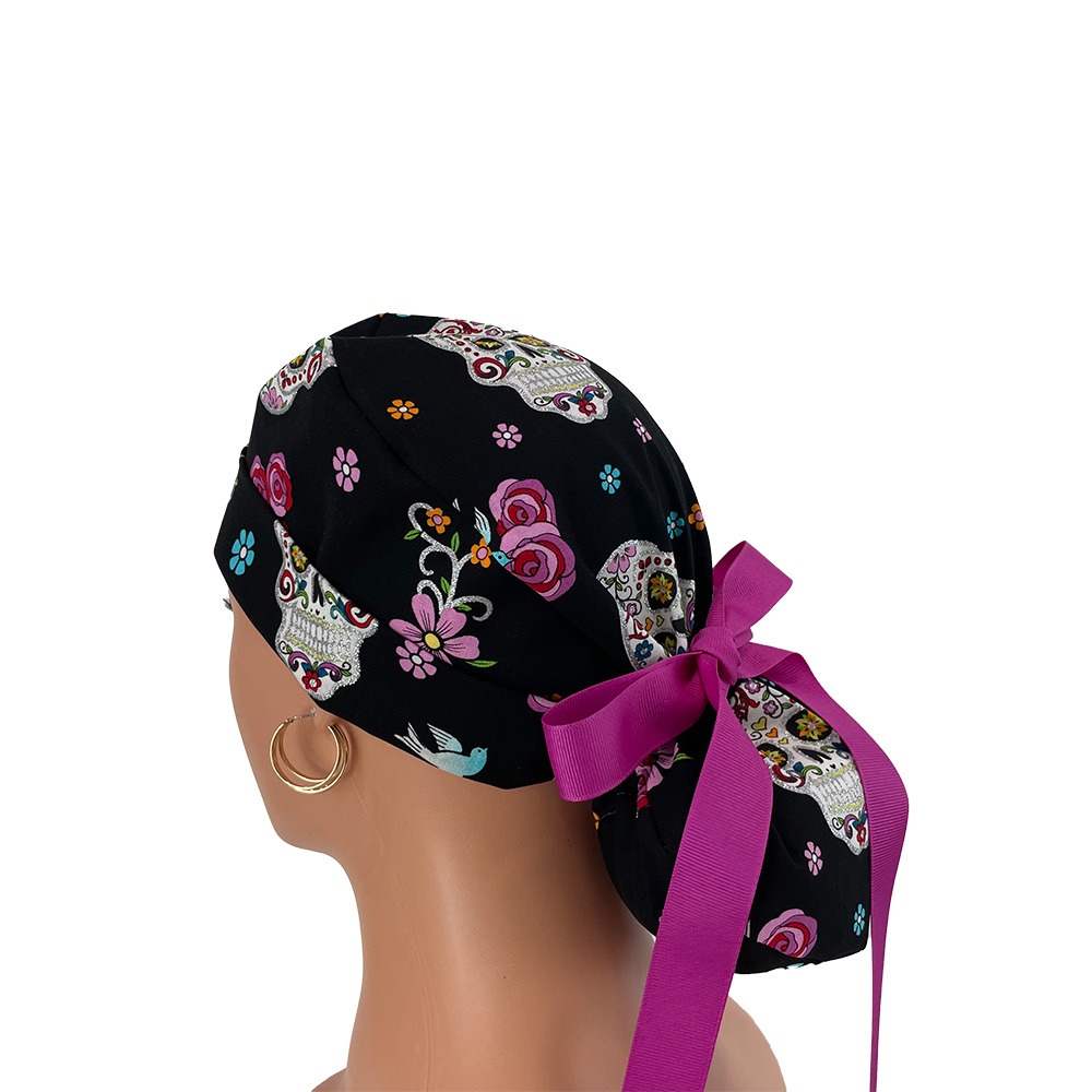 Turn Up Ponytail Medical Scrub Cap - Day of the Dead - Sugar Skulls & Flowers - Black/Glitter - Image 5