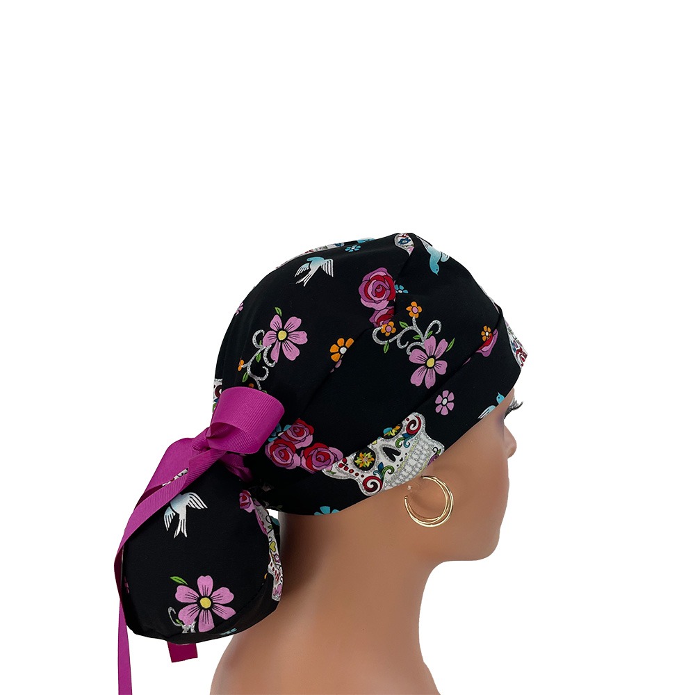 Turn Up Ponytail Medical Scrub Cap - Day of the Dead - Sugar Skulls & Flowers - Black/Glitter - Image 7