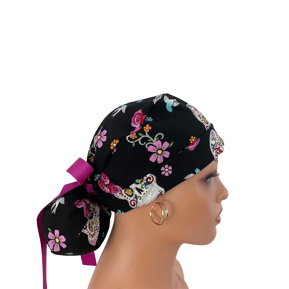 Turn Up Ponytail Medical Scrub Cap - Day of the Dead - Sugar Skulls & Flowers - Black/Glitter - Image 8