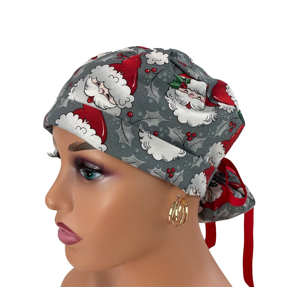 Turn Up Ponytail Medical Scrub Cap - Happy Xmas - Windswept Santa - Image 3