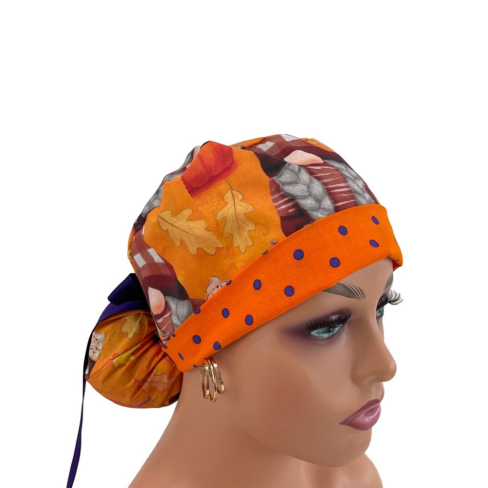 Turn Up Ponytail Medical Scrub Cap - Fall gnomes