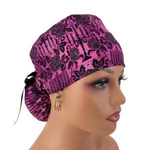 Ponytail Medical Scrub Cap – Totally Twilight-Gothic Halloween-Black/Fuchsia/Glitter