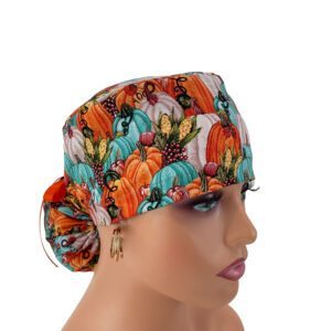 Ponytail Medical Scrub Cap – Autumn Vintage Pumpkins