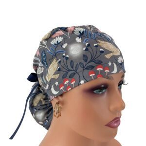 Ponytail Medical Scrub Cap – Enchanted Owl in Dark Grey Metallic