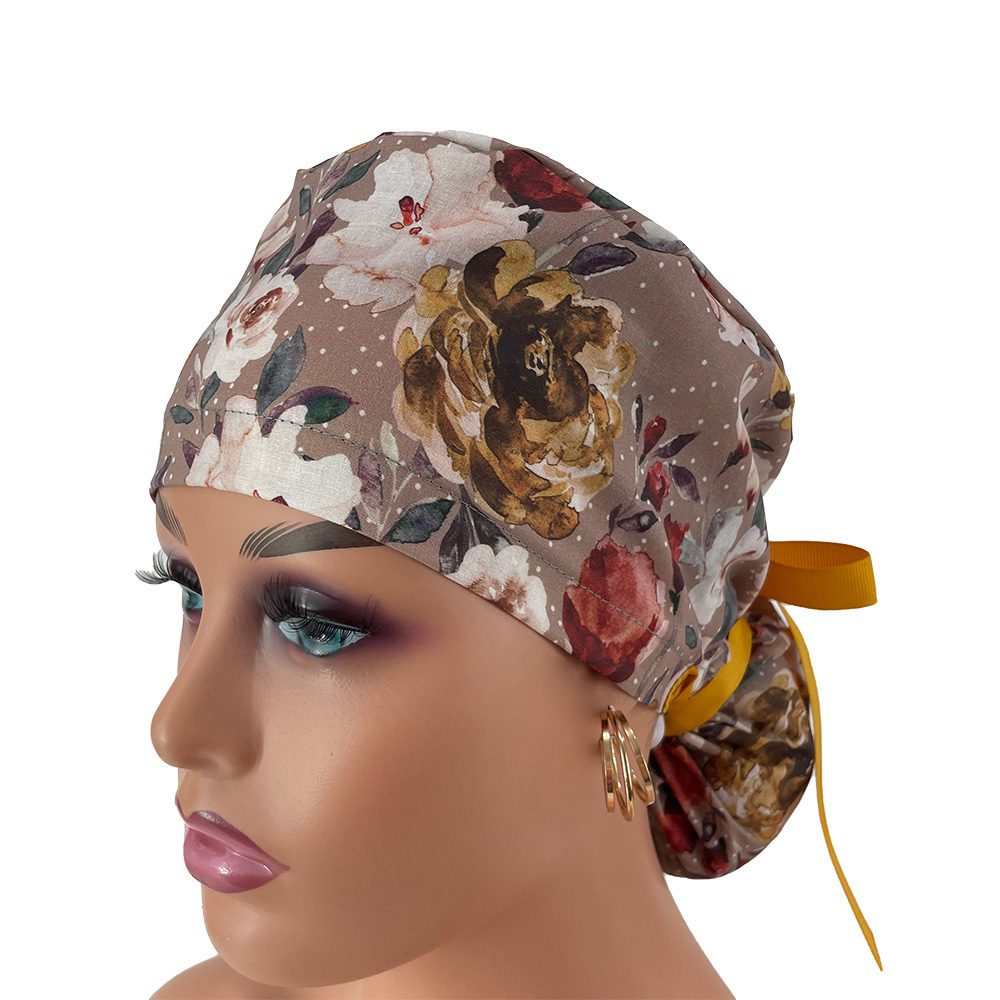 Ponytail Medical Scrub Cap – Autumn Flowers - Image 2