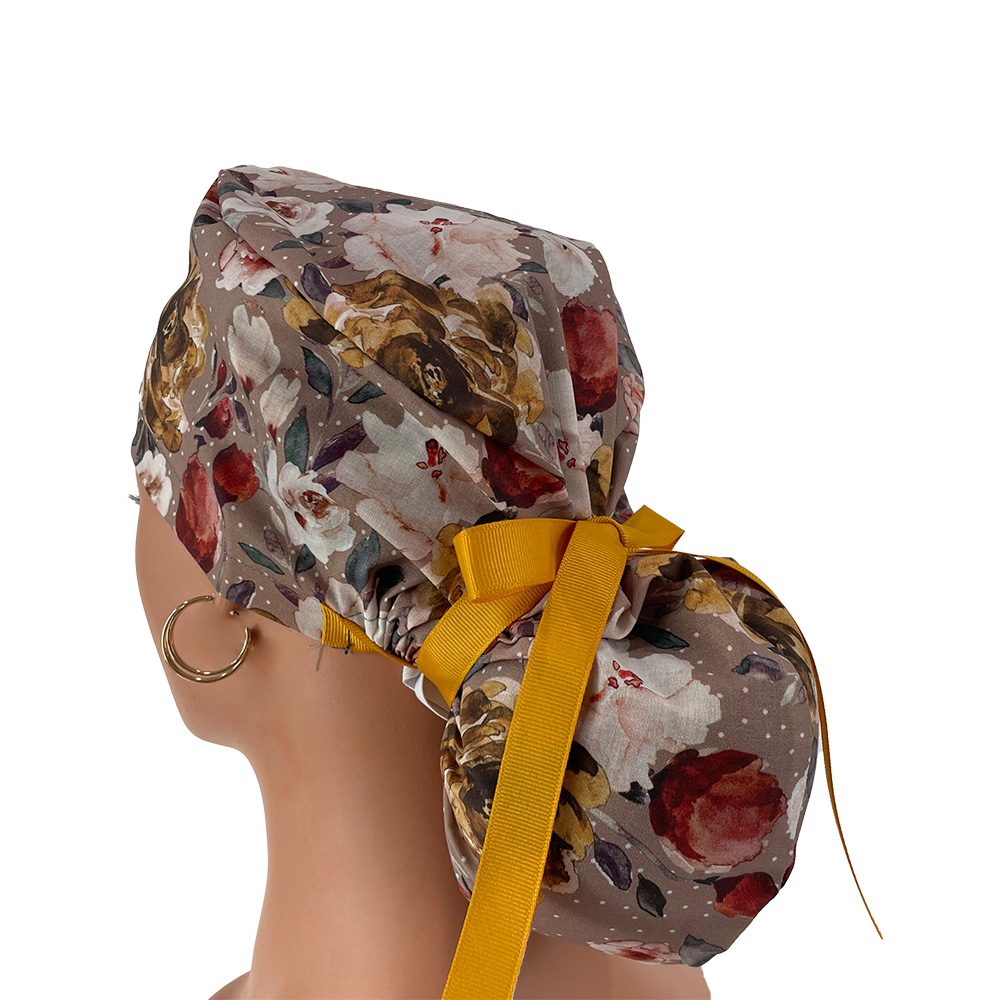 Ponytail Medical Scrub Cap – Autumn Flowers - Image 4