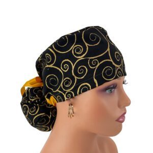 Ponytail Medical Scrub Cap – Golden Swirls