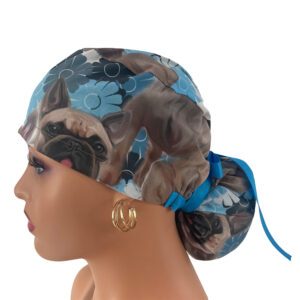 Ponytail Medical Scrub Cap – French Bulldog/Flowers