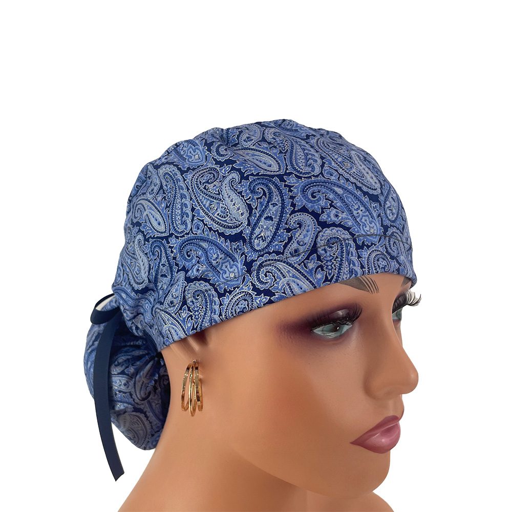 Ponytail Medical Scrub Cap – Blue Paisleys