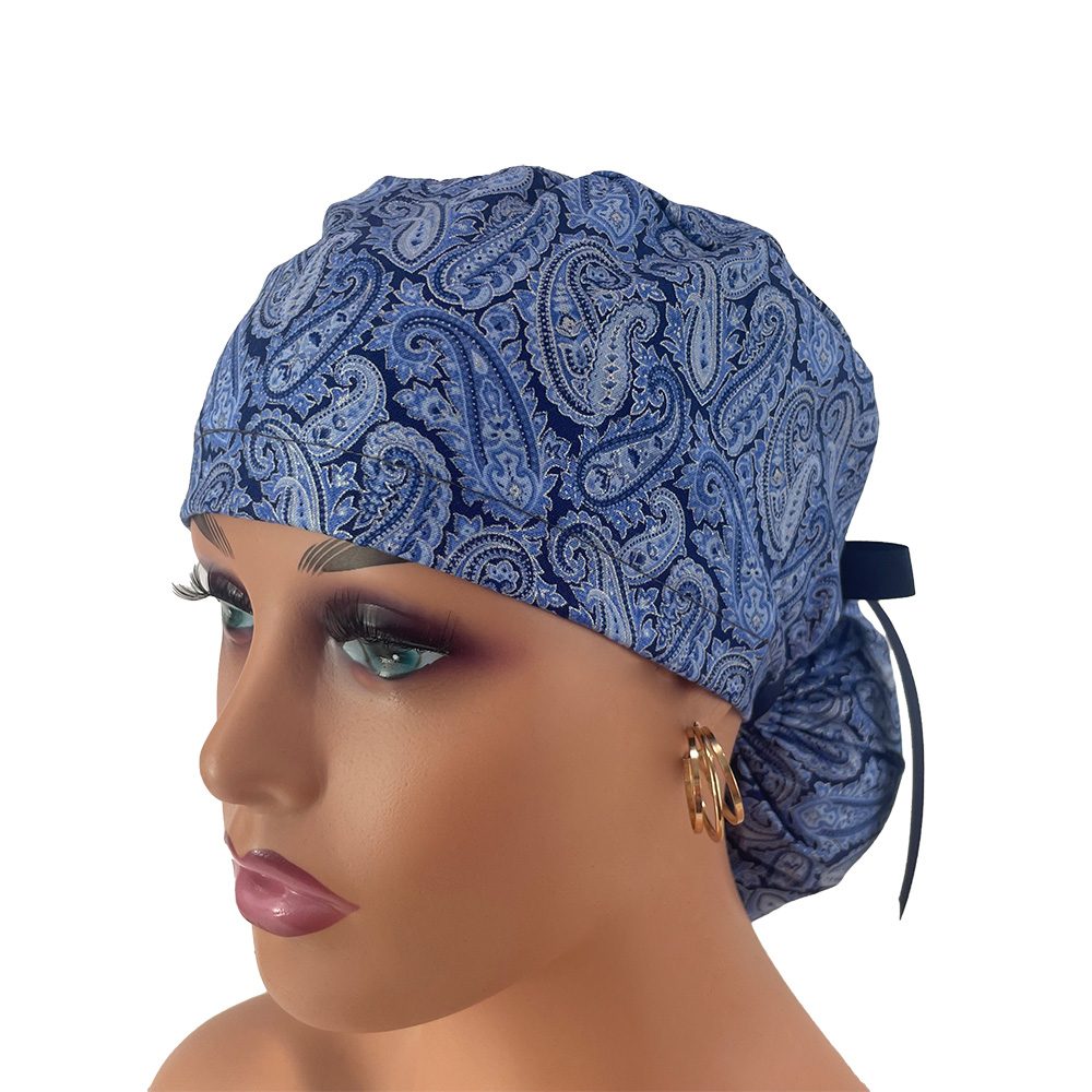 Ponytail Medical Scrub Cap – Blue Paisleys - Image 2