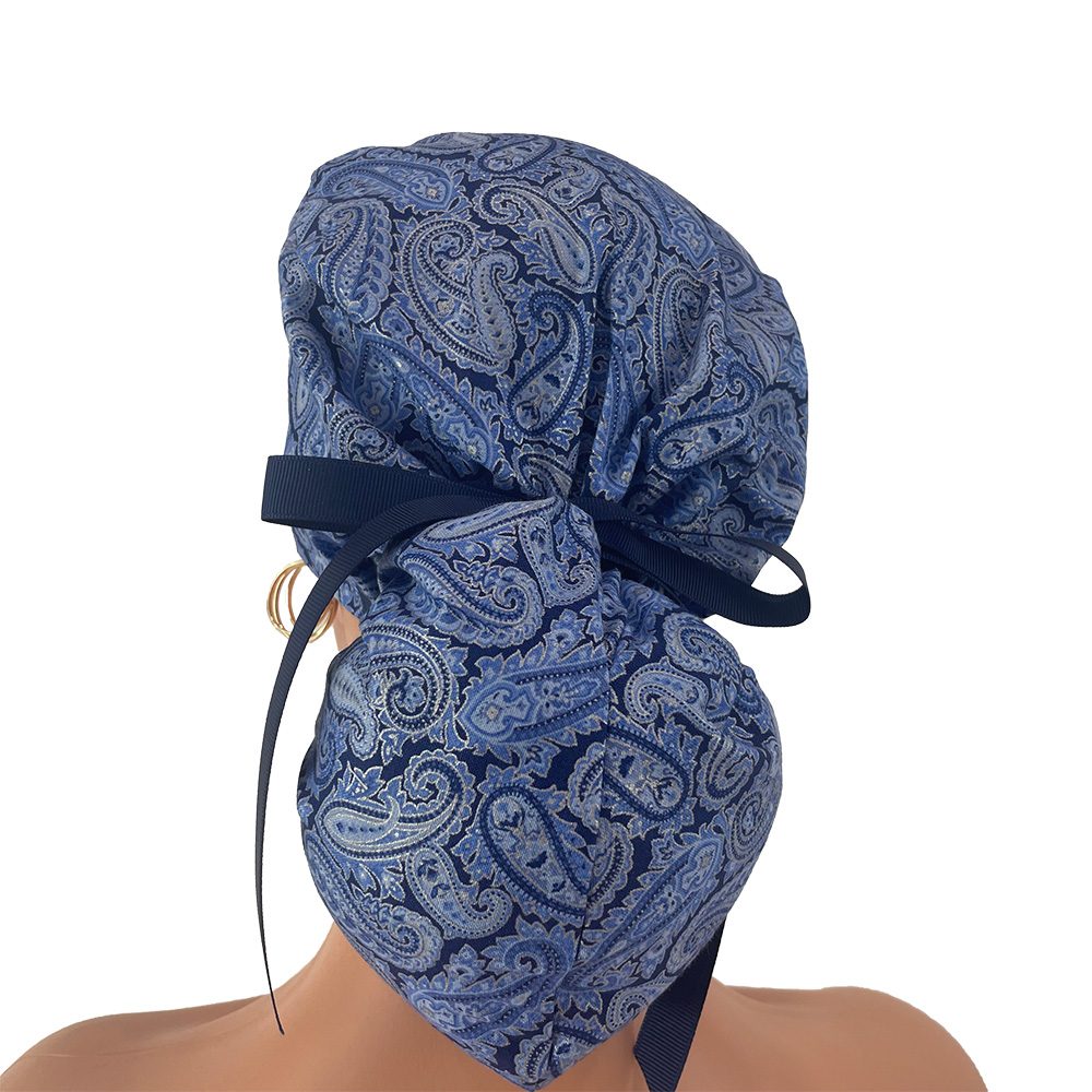 Ponytail Medical Scrub Cap – Blue Paisleys - Image 5