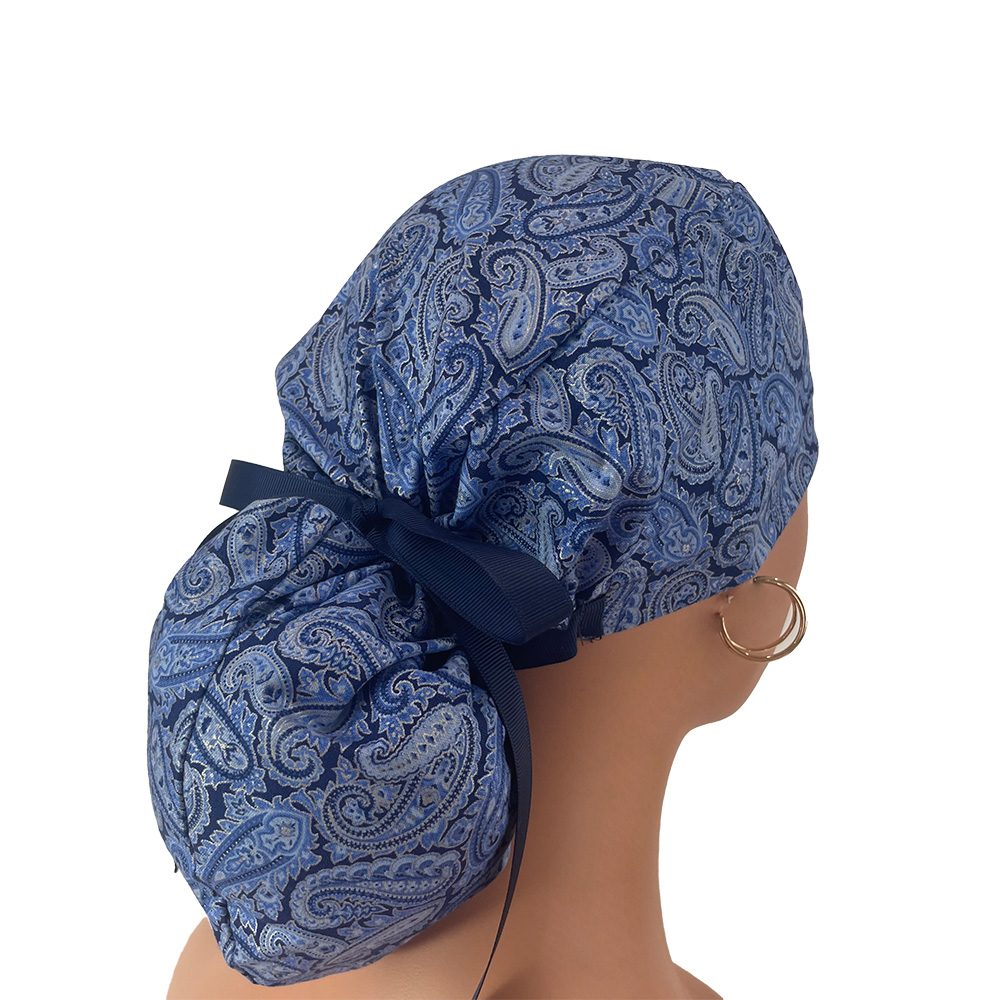 Ponytail Medical Scrub Cap – Blue Paisleys - Image 6