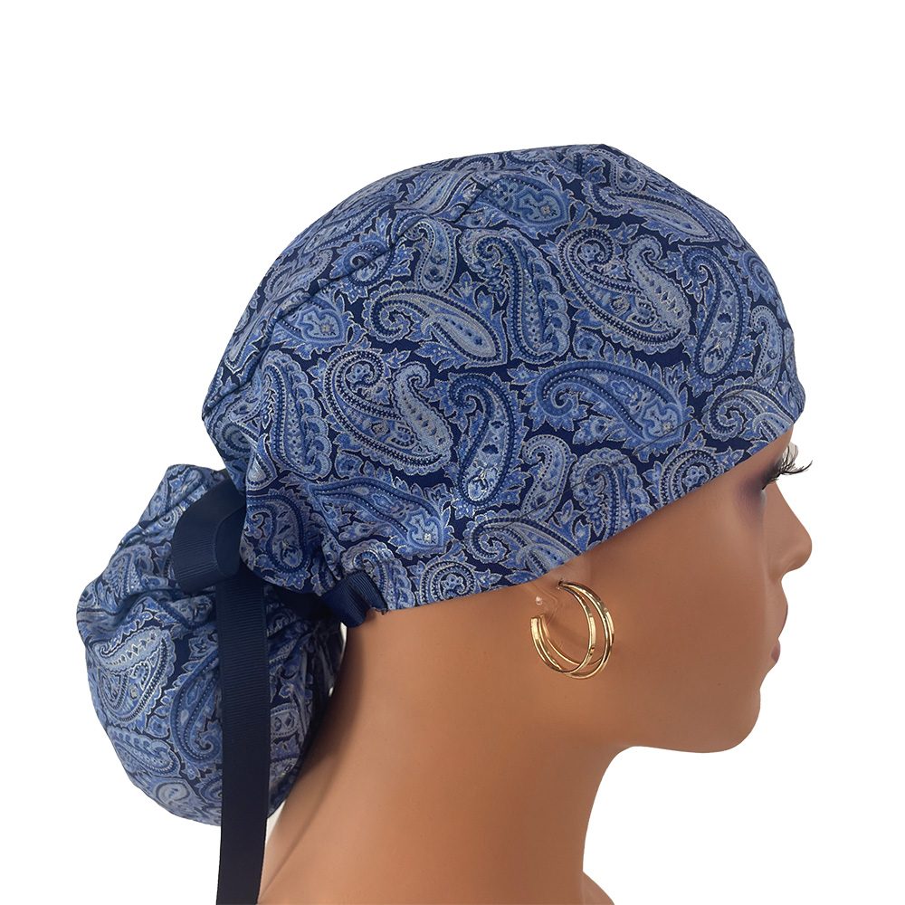 Ponytail Medical Scrub Cap – Blue Paisleys - Image 7