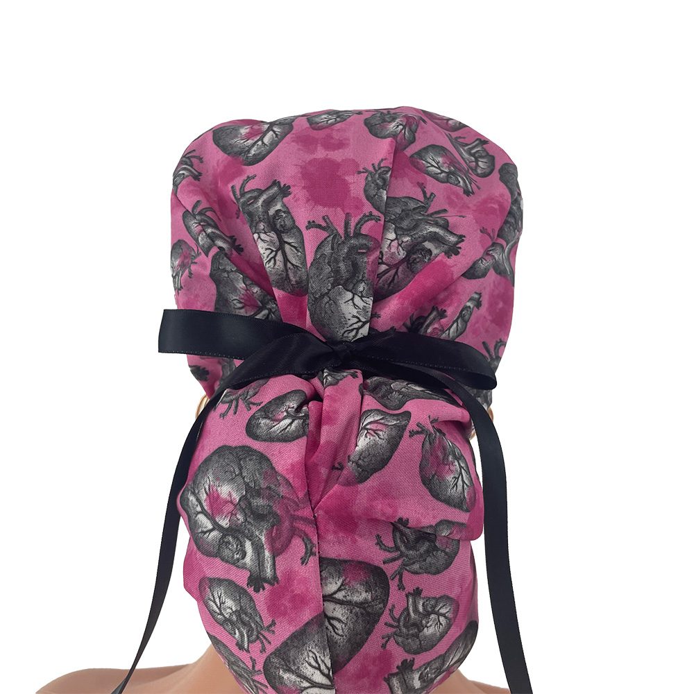 Ponytail Medical Scrub Cap – Scattered Hearts Over Pink - Image 5