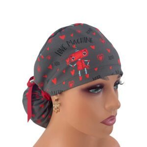 Ponytail Medical Scrub Cap – Love Machine/Gray