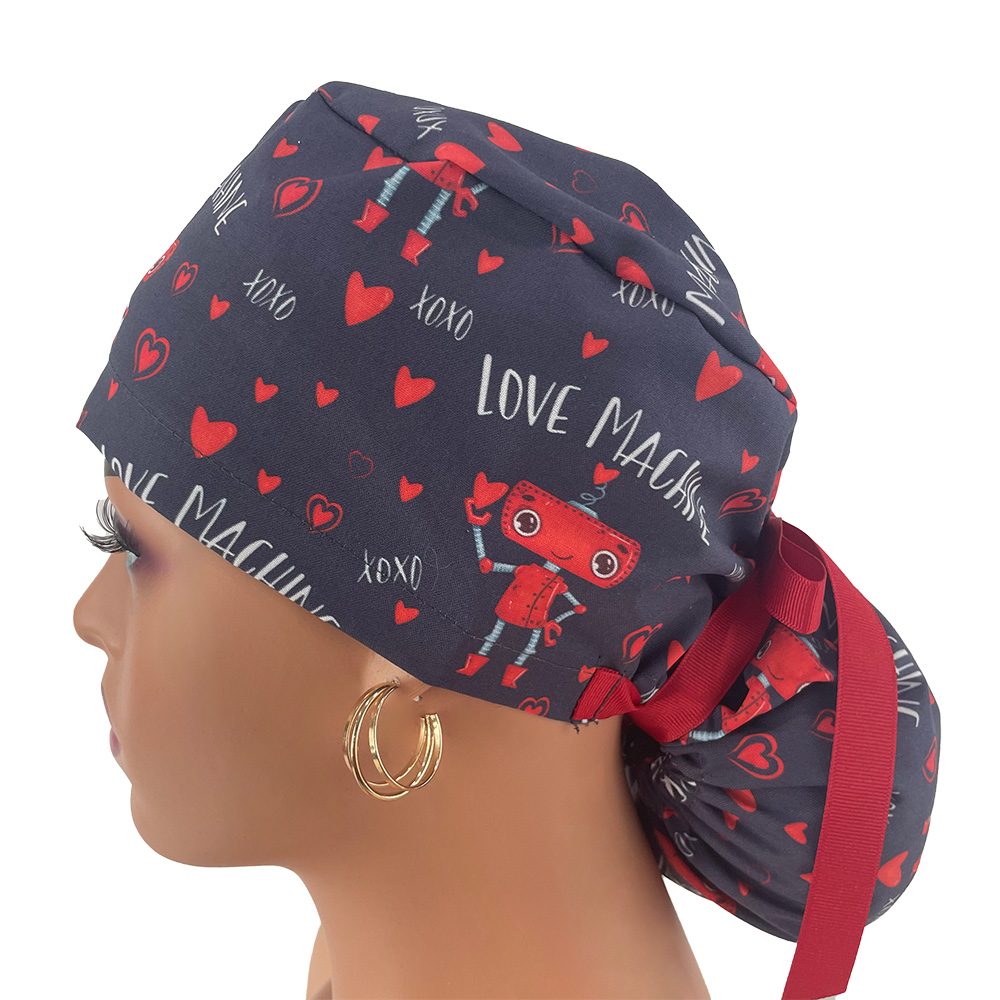 Ponytail Medical Scrub Cap – Love Machine/Navy Blue - Image 3