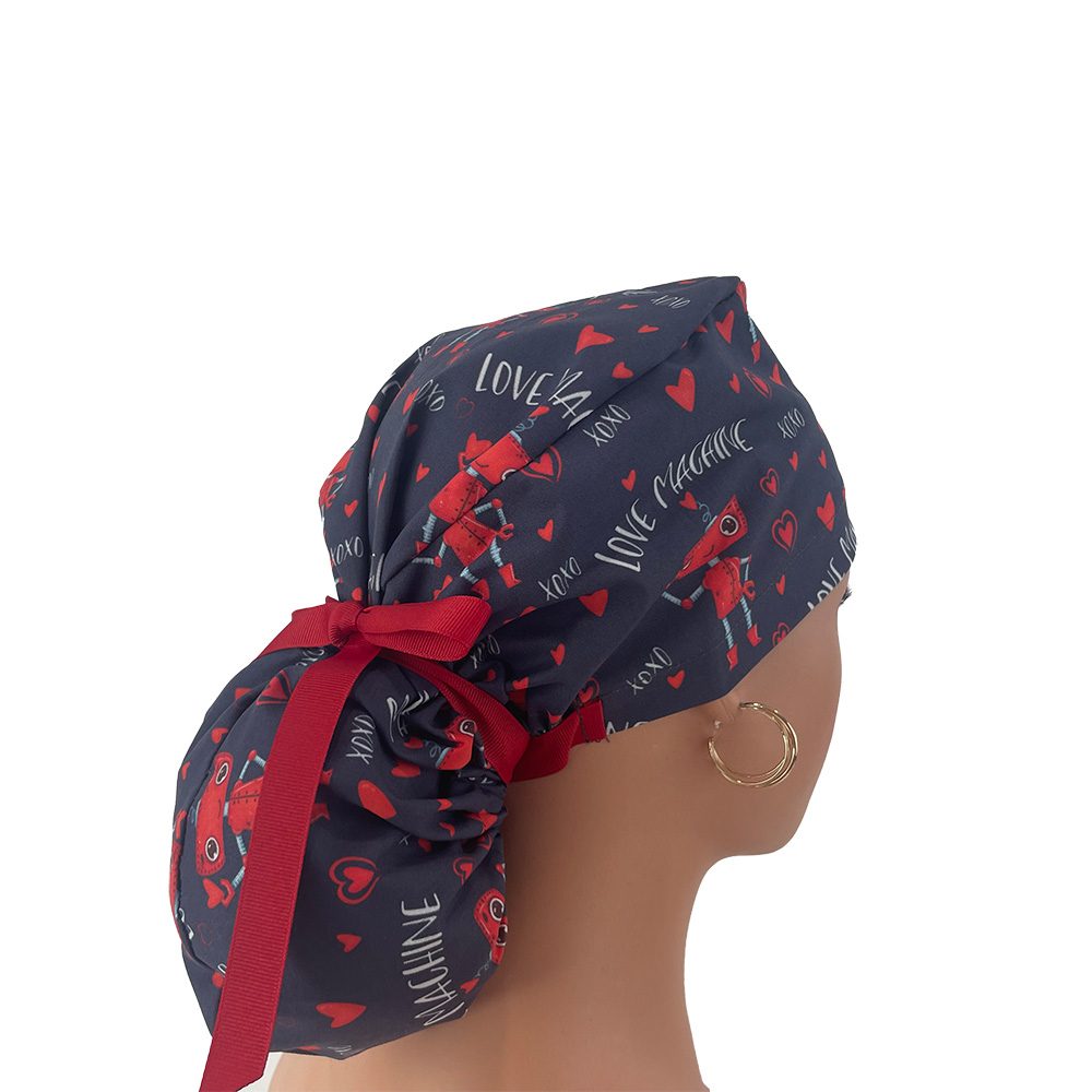 Ponytail Medical Scrub Cap – Love Machine/Navy Blue - Image 6