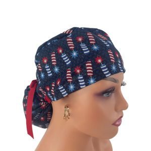 Ponytail Medical Scrub Cap – Wishwell: Spangled - Candle Bursts - Dark Navy/GLITTER