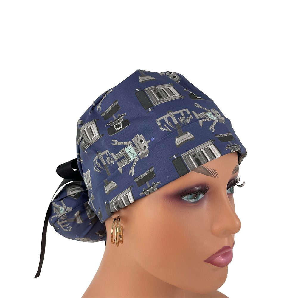 Turn Up Ponytail Medical Scrub Cap - Surgery Robots – Navy Blue.