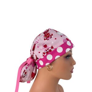 Turn Up Ponytail Medical Scrub Cap - Gnomie Love - Kisses & Hugs/ White/Pink Dots