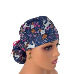 Ponytail Medical Scrub Cap –  Leaping Rabbits in Twilight
