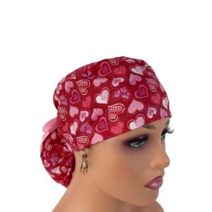 Ponytail Medical Scrub Cap –  Hearts Pink and Red