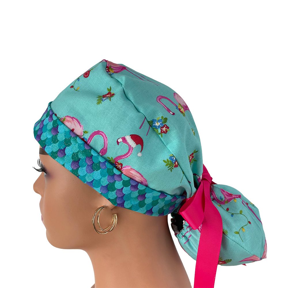 Turn Up Ponytail Medical Scrub Cap - Christmas Tropical Vibes - Image 3