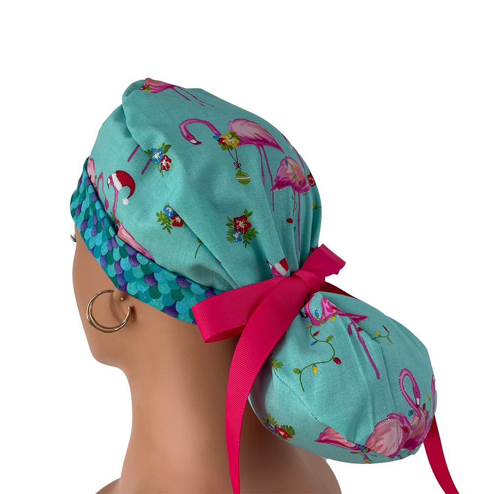 Turn Up Ponytail Medical Scrub Cap - Christmas Tropical Vibes - Image 4