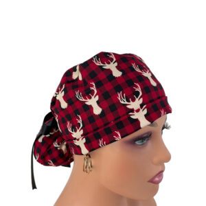 Turn Up Ponytail Medical Scrub Cap - Woodland Animals Over Plaids