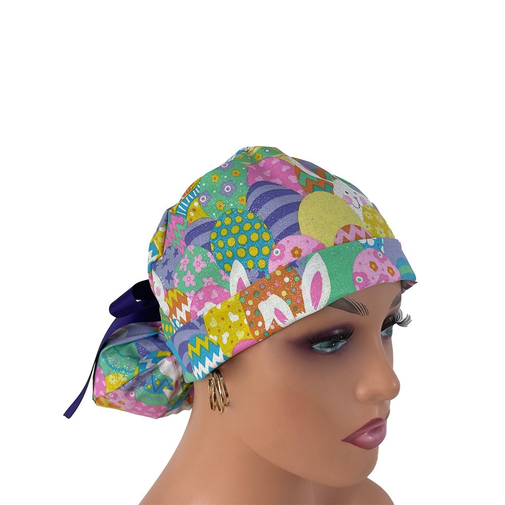 Turn Up Ponytail Medical Scrub Cap - Easter Eggs/Glitters