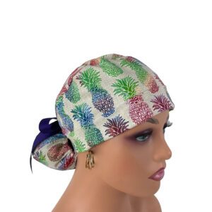 Turn Up Ponytail Medical Scrub Cap - Colorful Pineapples