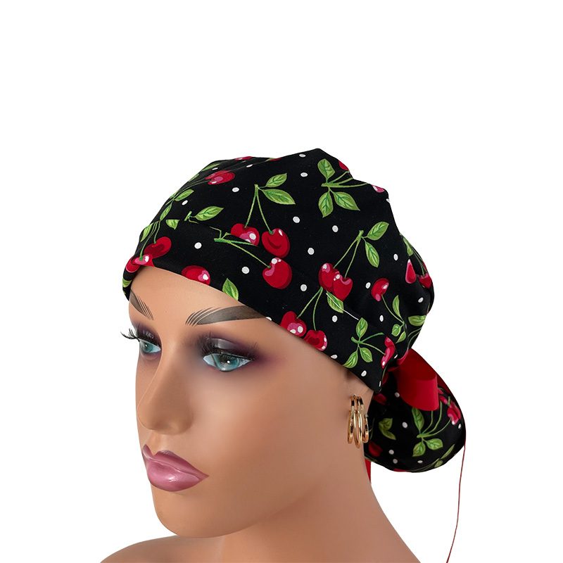 Turn Up Ponytail Medical Scrub Cap – Sweet Cherries - Image 2