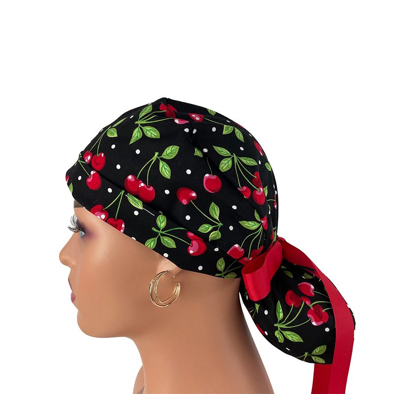 Turn Up Ponytail Medical Scrub Cap – Sweet Cherries - Image 4