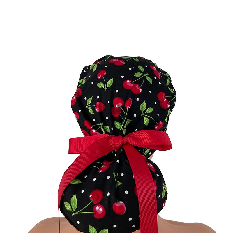 Turn Up Ponytail Medical Scrub Cap – Sweet Cherries - Image 6