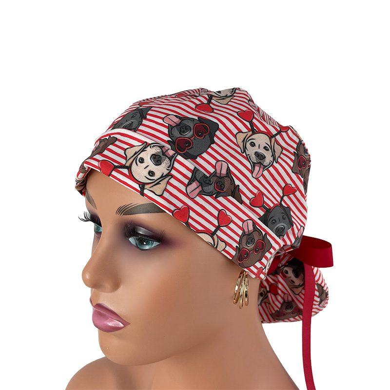 Turn Up Ponytail Medical Scrub Cap – Dogs Love Hearts - Image 2