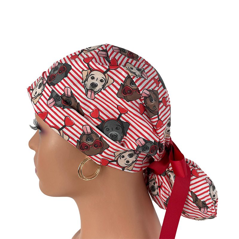 Turn Up Ponytail Medical Scrub Cap – Dogs Love Hearts - Image 4