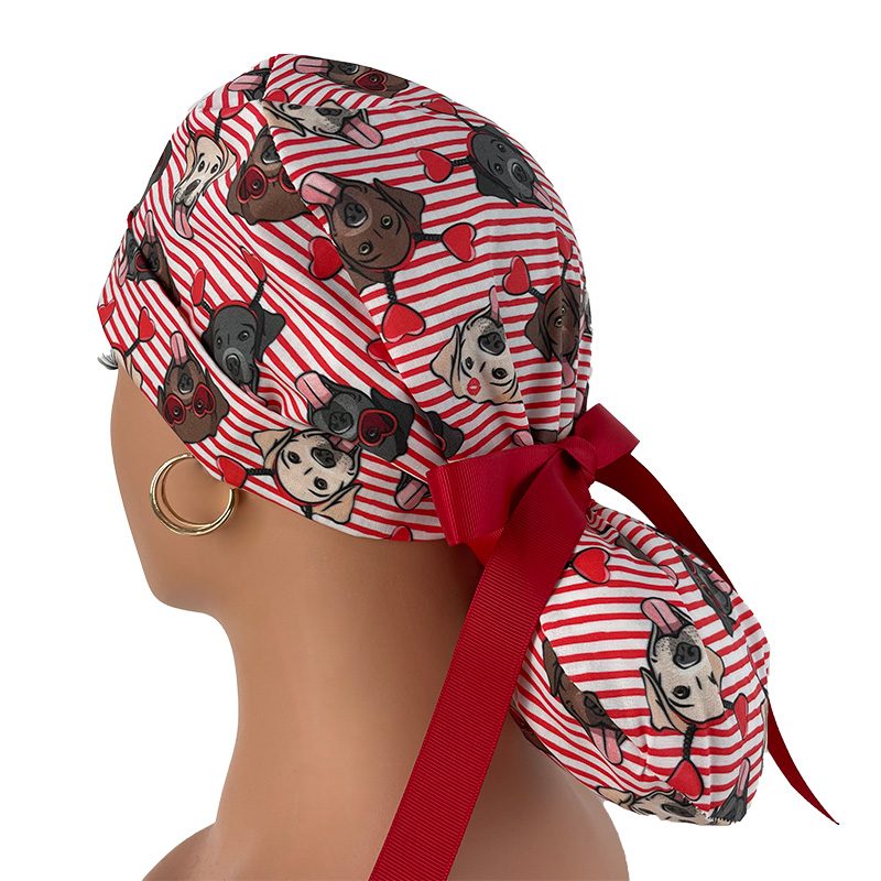 Turn Up Ponytail Medical Scrub Cap – Dogs Love Hearts - Image 5