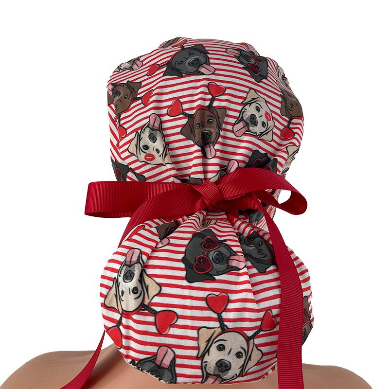 Turn Up Ponytail Medical Scrub Cap – Dogs Love Hearts - Image 6