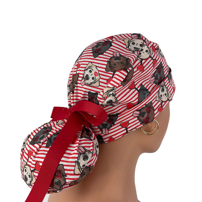 Turn Up Ponytail Medical Scrub Cap – Dogs Love Hearts - Image 7