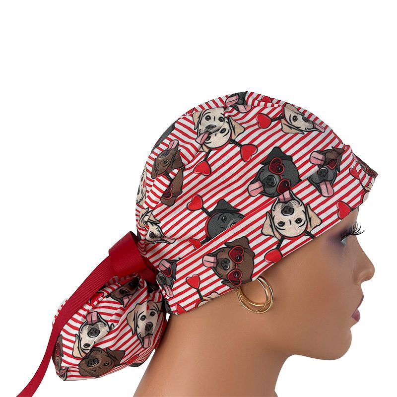 Turn Up Ponytail Medical Scrub Cap – Dogs Love Hearts - Image 8